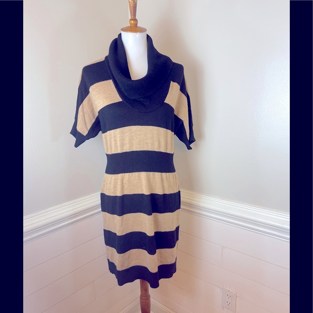 Loft Black & Tan Striped Cowl Neck Merino Wool Blend Sweater Dress L FREE SHIP